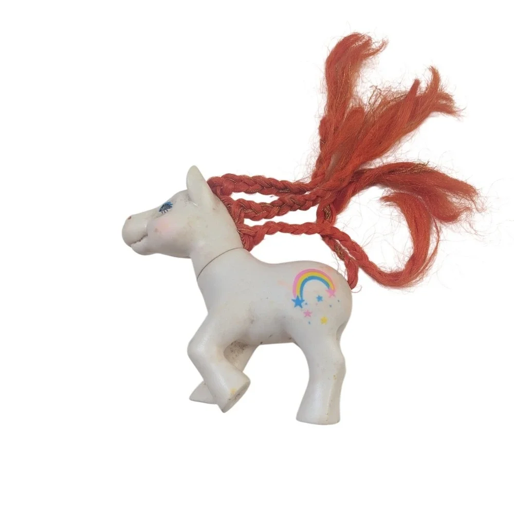 Vintage White Pony Figure Orange‎ Braided Hair Rainbow Stars 3 Inch Toy